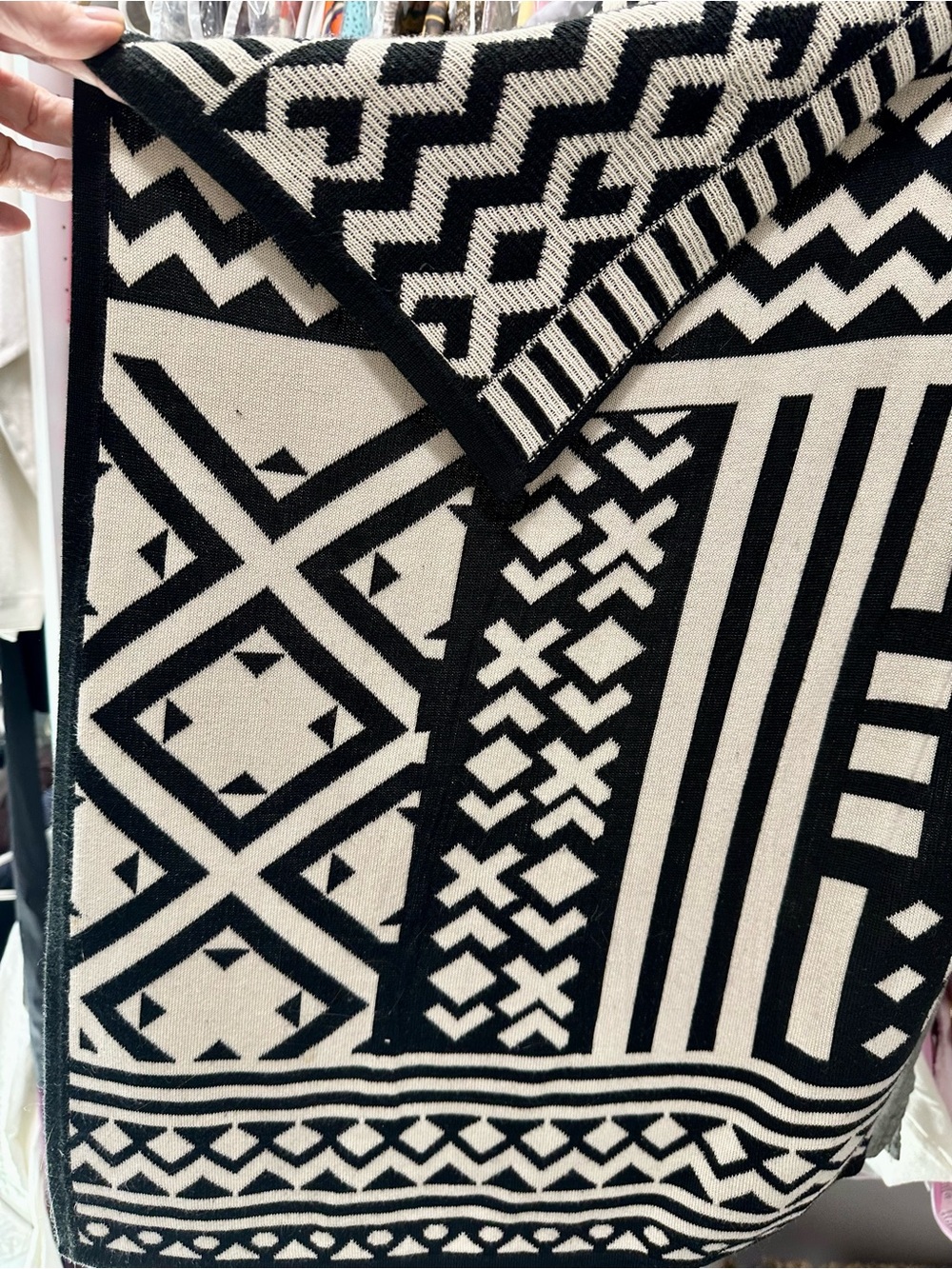 Black & Cream Geometric Knit Poncho Shrug